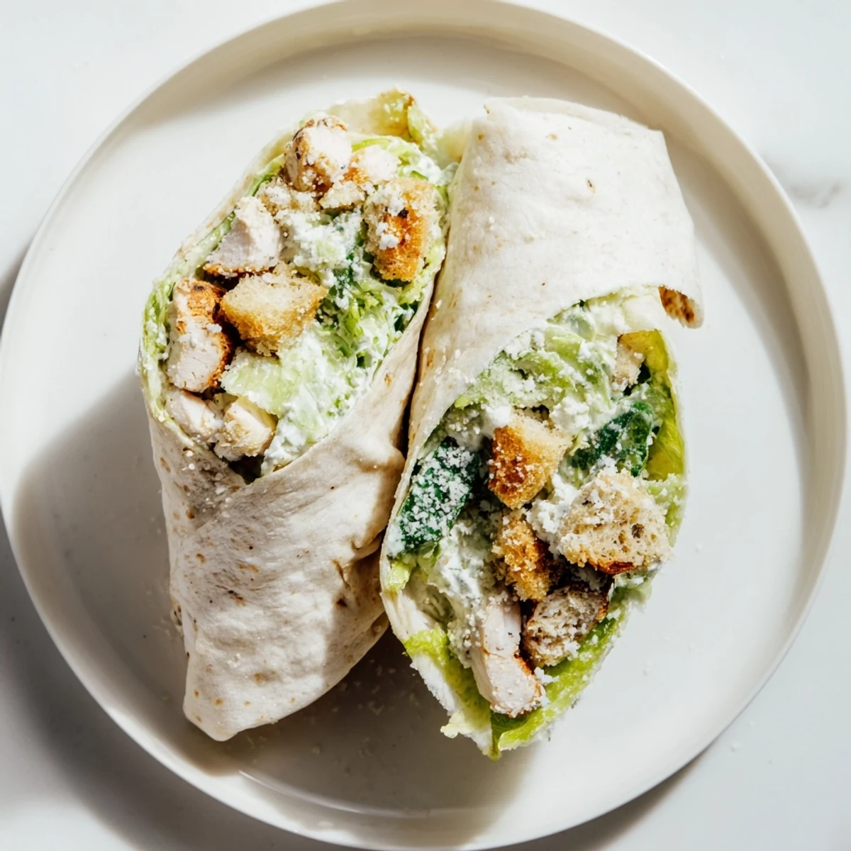 Delicious Chicken Caesar Wraps, bursting with creamy dressing, savory chicken, and crunchy croutons.