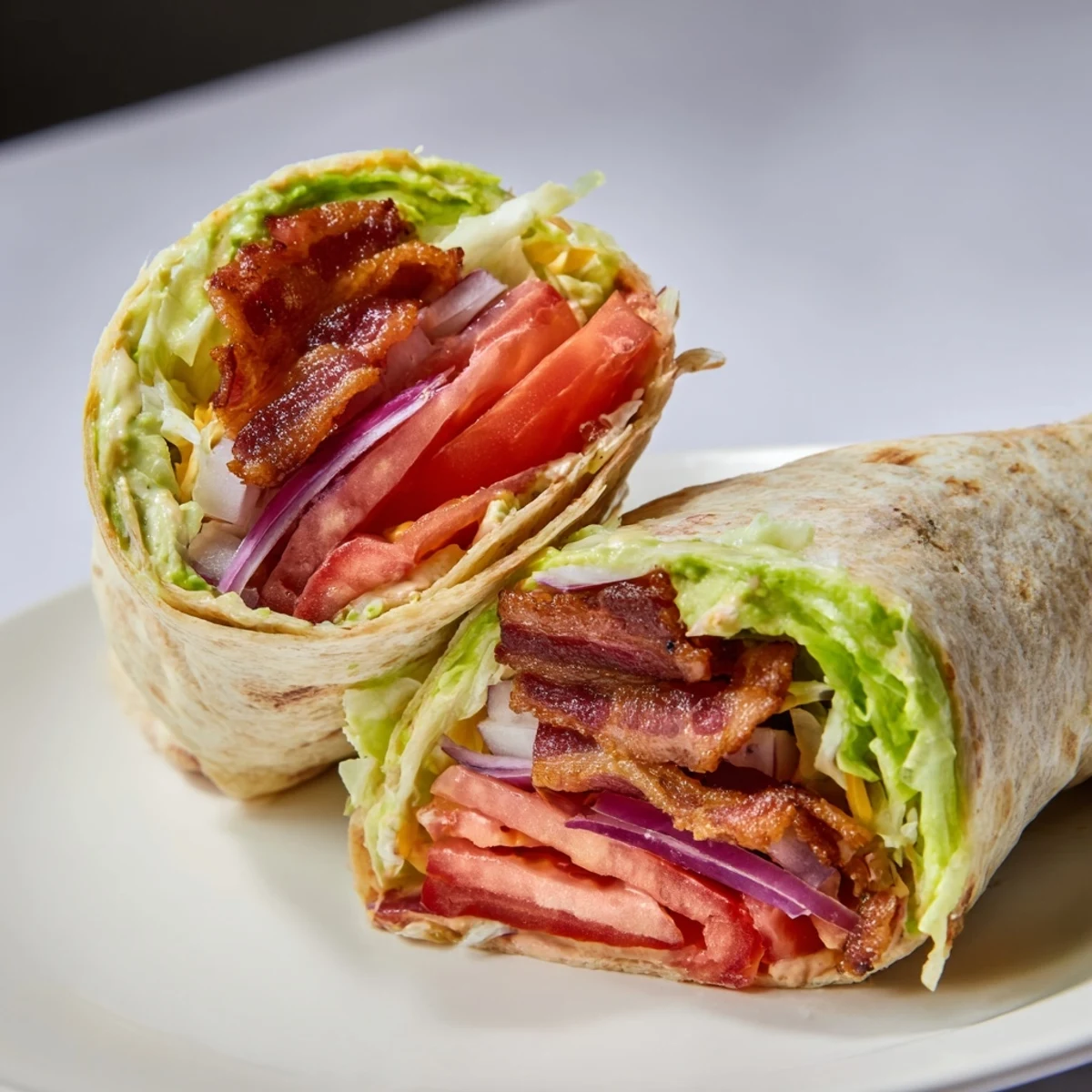 Crispy bacon and fresh veggies fill a Zesty BLT Wrap ready for a satisfying bite.