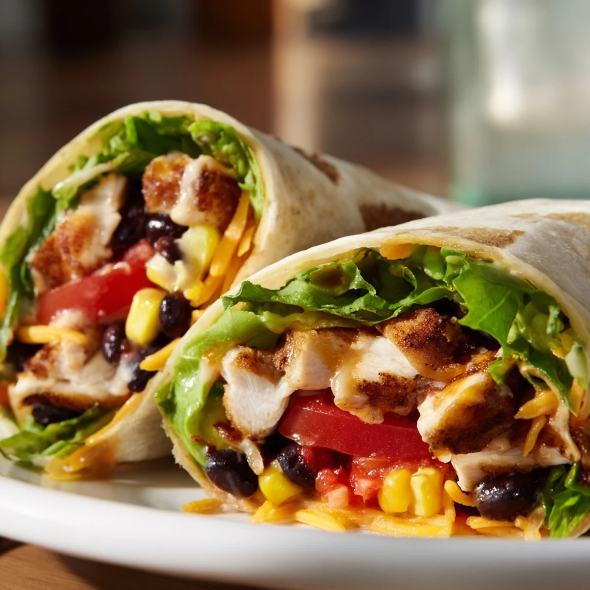 Freshly made Southwest chicken wrap, showcasing juicy chicken and creamy dressing, perfect meal.