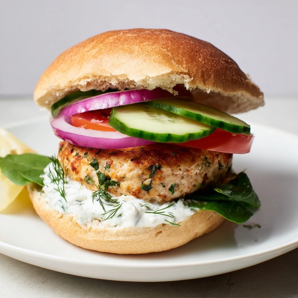 Golden-brown Healthy Baked Chicken Sliders with fresh veggies and creamy yogurt sauce, delicious and wholesome.