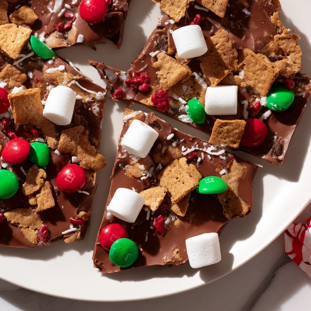 Homemade Quick Christmas Smores Bark features a chocolate base dotted with graham crackers and colorful candies.