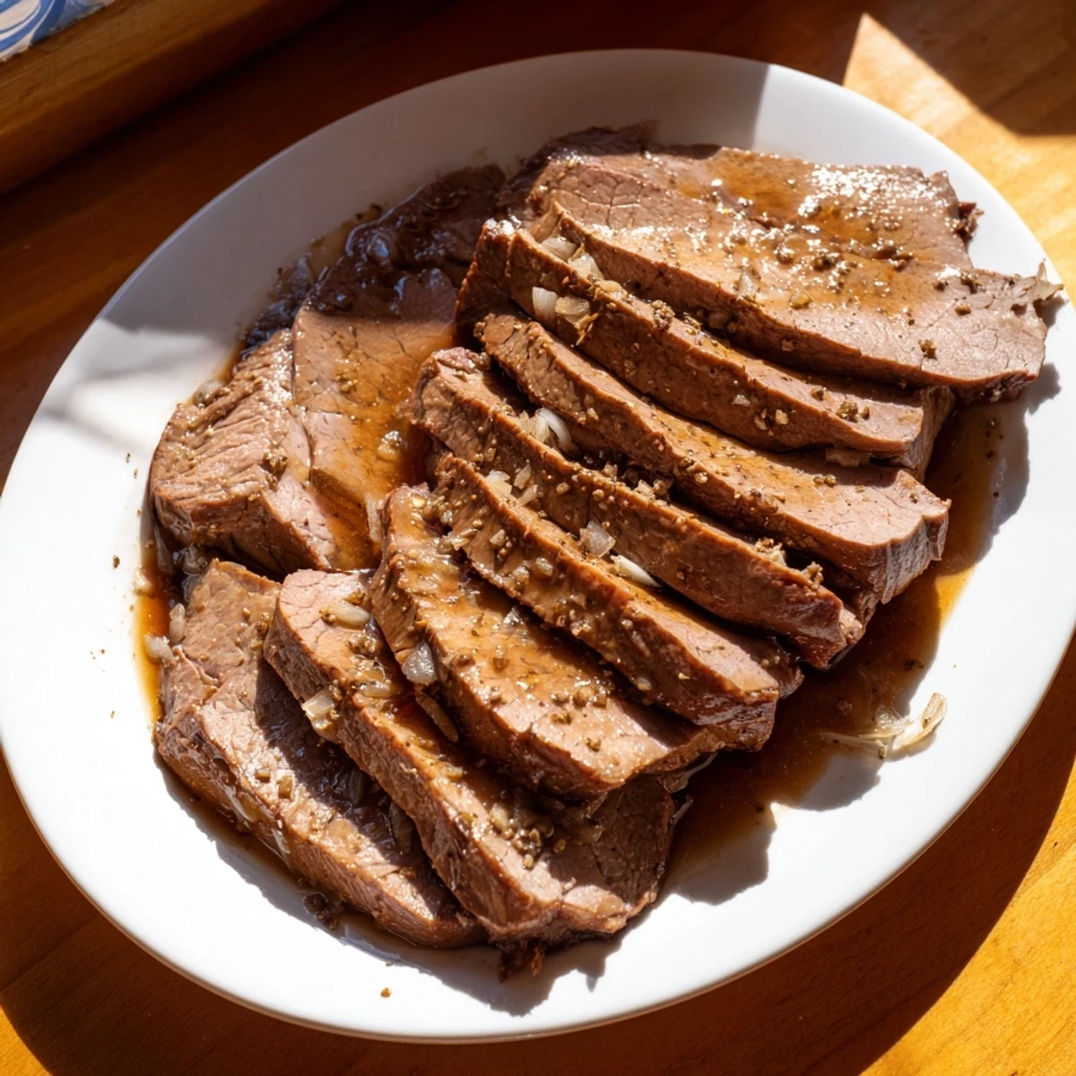 Tender Budget Holiday Chuck Roast, falling apart, bathed in savory juices with carrots.