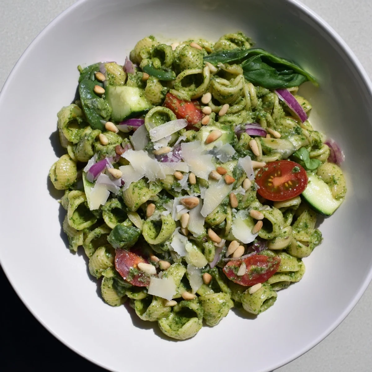 Close-up of Caesar Pesto Ditalini Salad, a flavorful pasta salad with fresh ingredients.