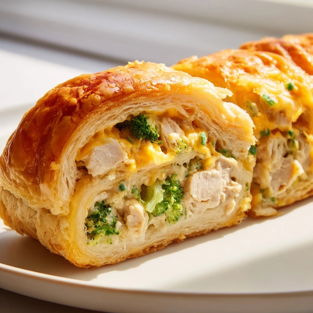 Golden, baked creamy chicken and broccoli puff pastry rolls offer a rich, savory aroma to everyone.