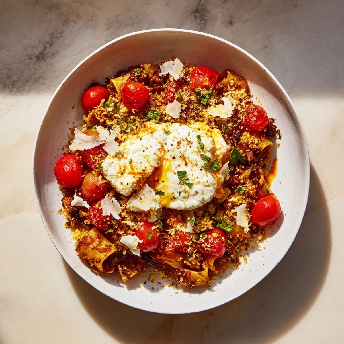 Golden, bubbly Four-Cheese Baked Block Pasta is loaded with melted cheese and tender penne.