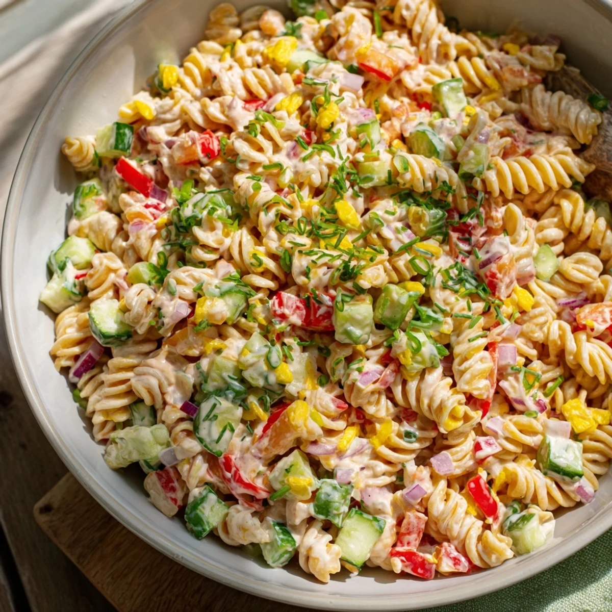 Creamy Dill Pickle Chopped Pasta Salad, loaded with vibrant veggies, ready for a summer potluck!