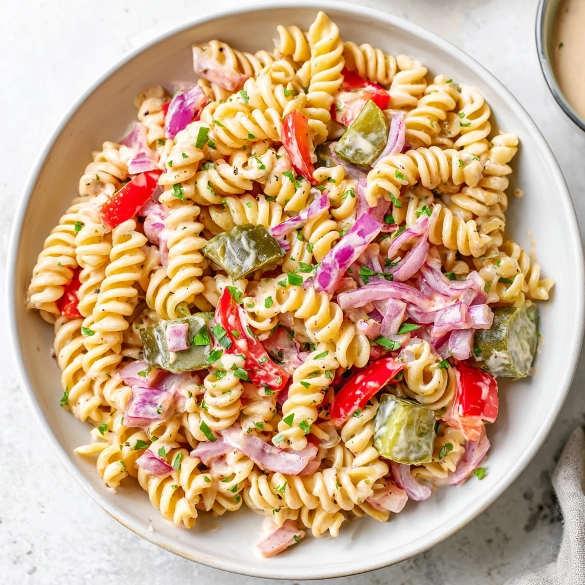 Chilled Dill Pickle Chopped Pasta Salad—a refreshing vegetarian side, with a zesty, creamy dressing.