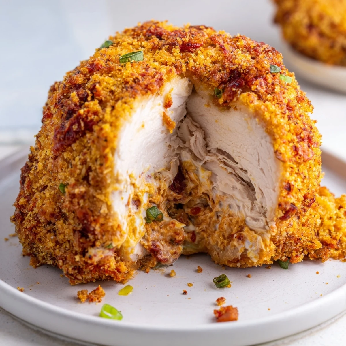 Golden-brown Air Fryer Spicy Ranch Chicken Croquettes, with a crispy breading, ready to serve with ranch.