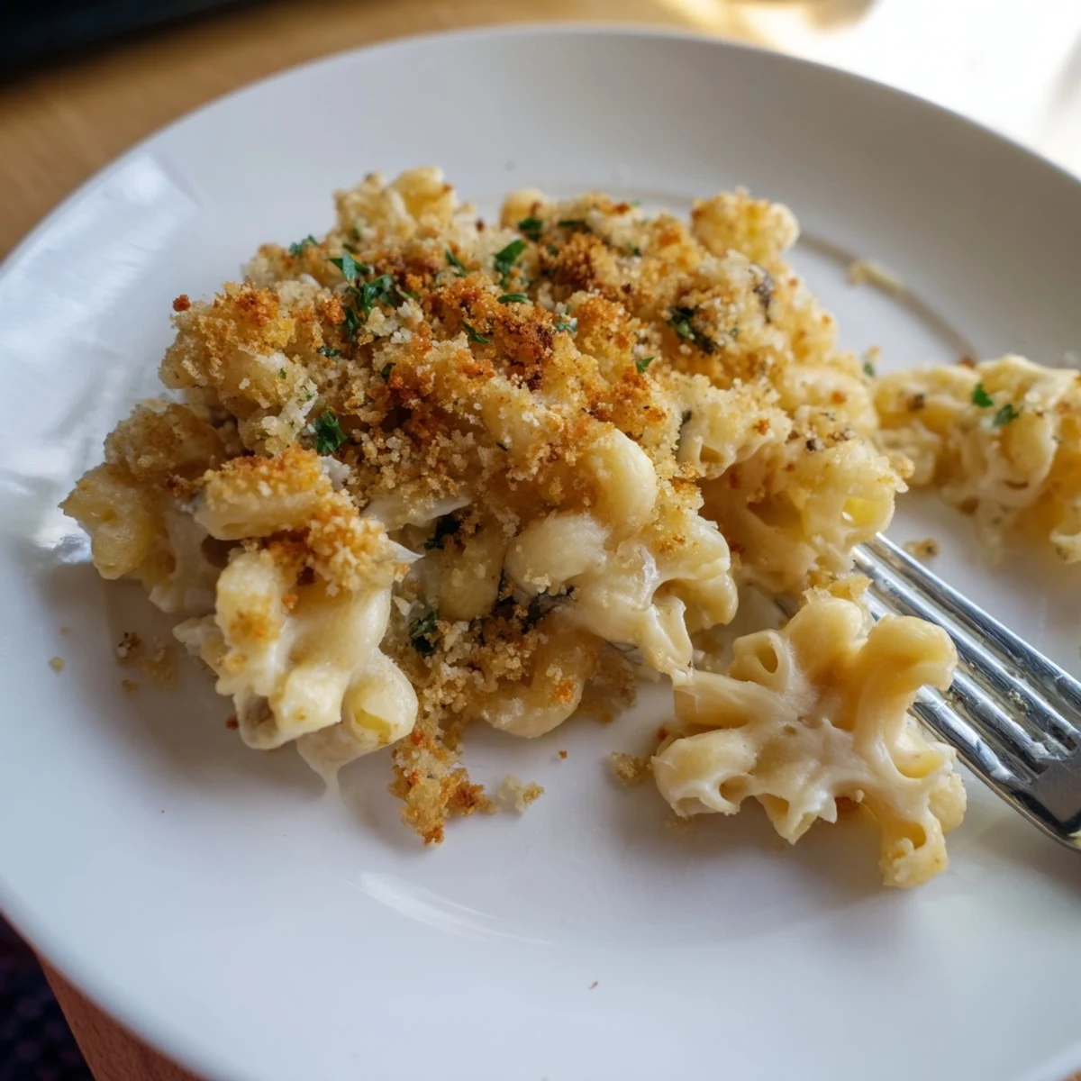 Golden baked Lightened Mac & Cheese Snowflake Pasta Bake with a crispy breadcrumb topping, ready to serve.