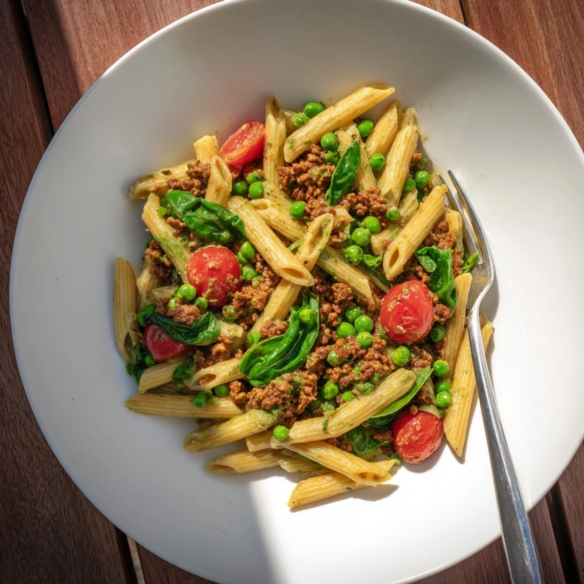 Enjoy this easy, flavorful one-pot creamy pesto pea protein pasta, creamy sauce clinging to every noodle.