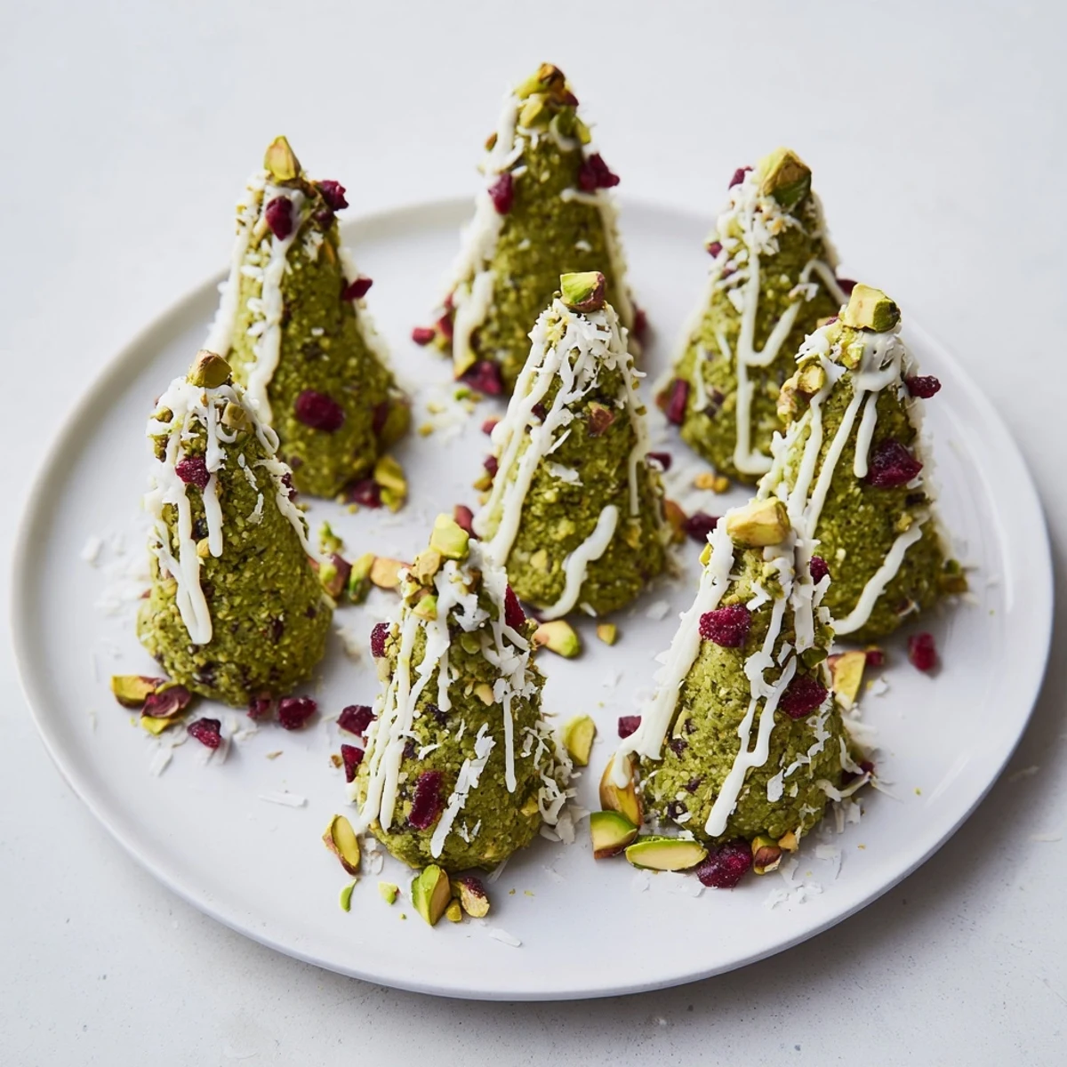 Enjoy the visual of delicious Matcha Pistachio Christmas Tree Energy Bites, drizzled with white chocolate, and ready to eat.