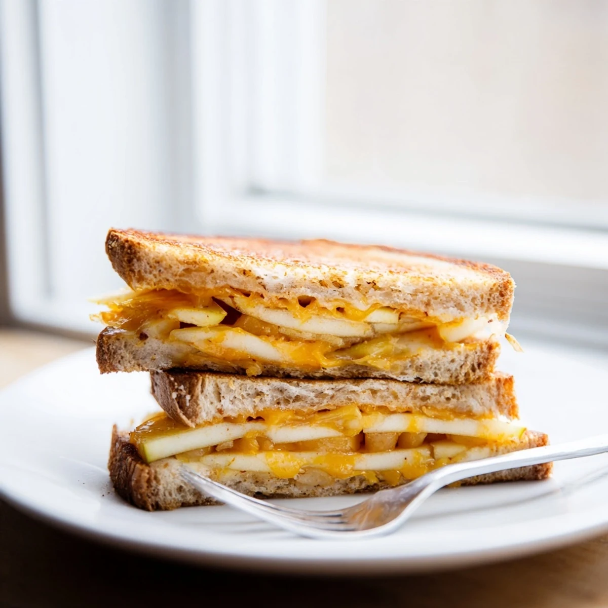 Golden, melted Caramelized Onion, Apple & Cheddar Grilled Cheese, perfectly sandwiched and ready to slice.