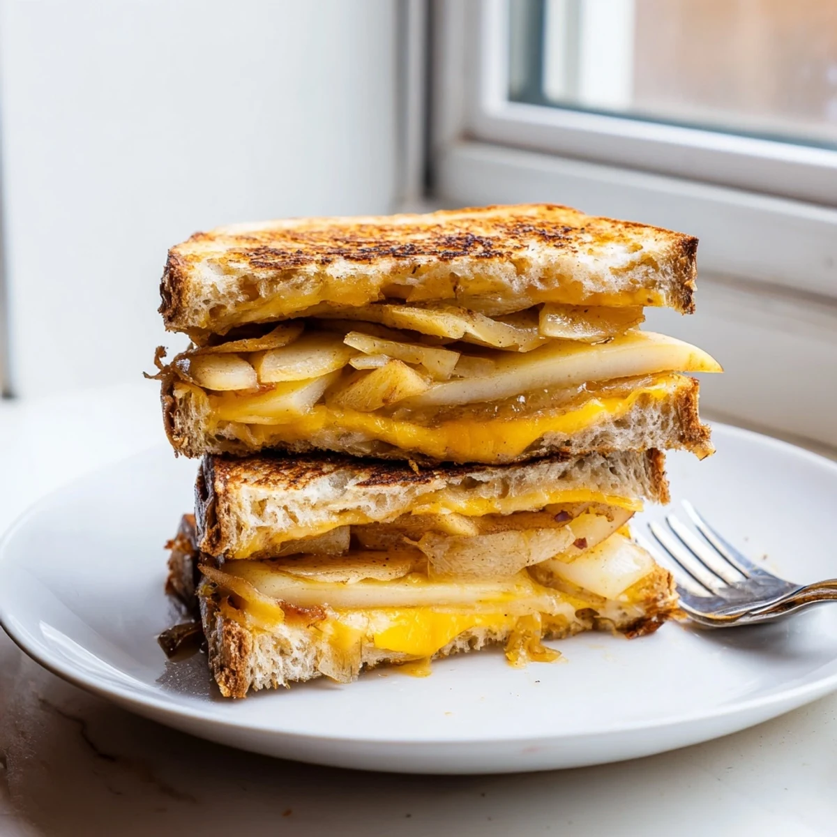Toasted and delicious: a hearty Caramelized Onion, Apple & Cheddar Grilled Cheese, ready to eat!