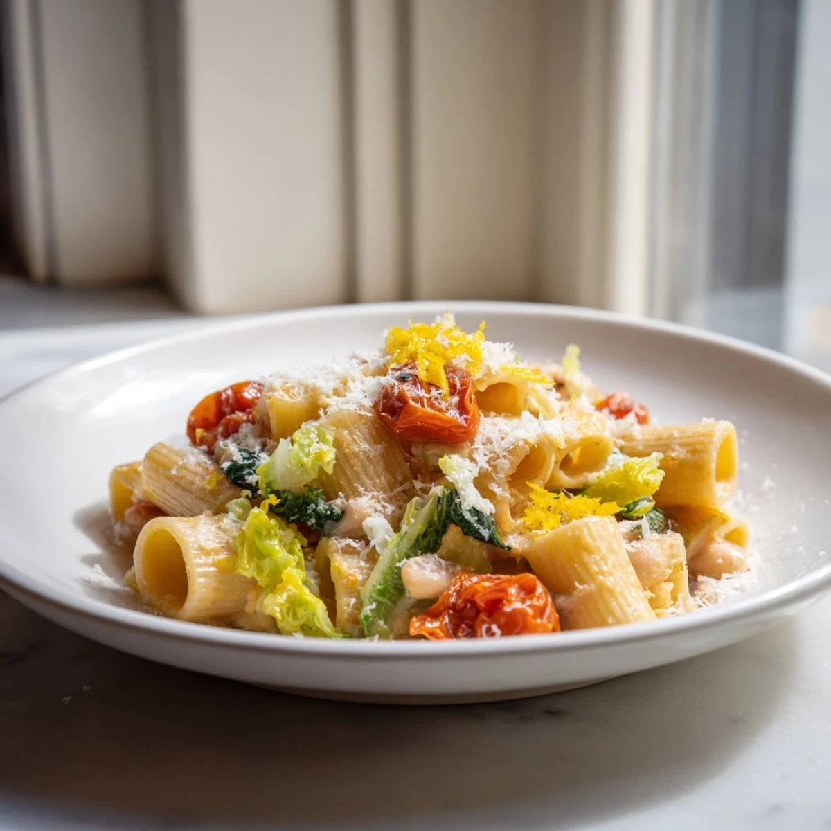 A warm plate of Healthy Tuscan White Bean & Kale Christmas Pasta, with a sprinkle of Parmesan atop.