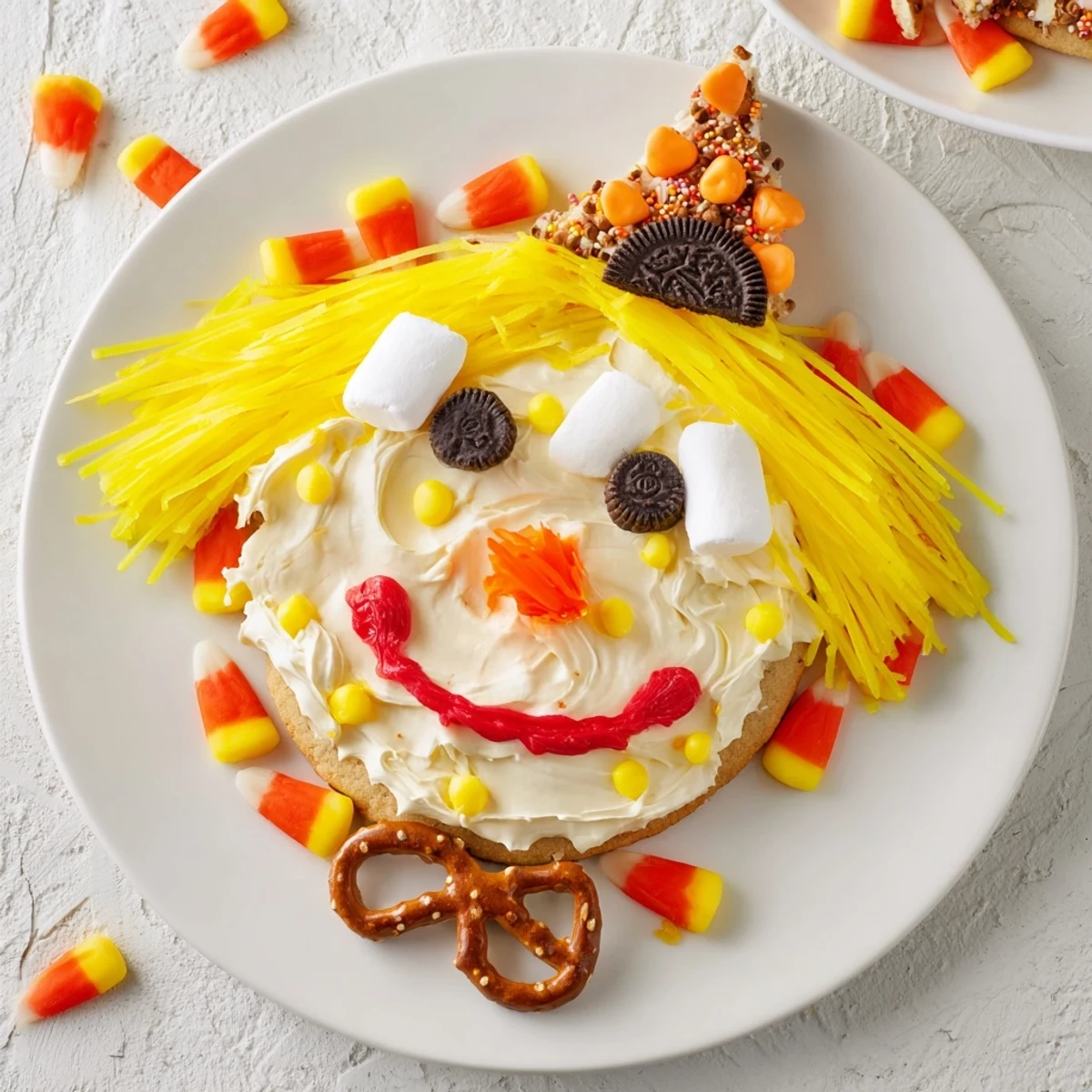 Vibrant Scarecrow Candy Platter, complete with a pretzel bow tie and a candy corn face for a fun treat.