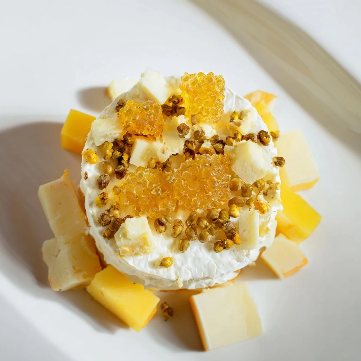 A beautiful, inviting close-up view of the delicious ingredients for a Busy Bee Honeycomb Snack Plate.