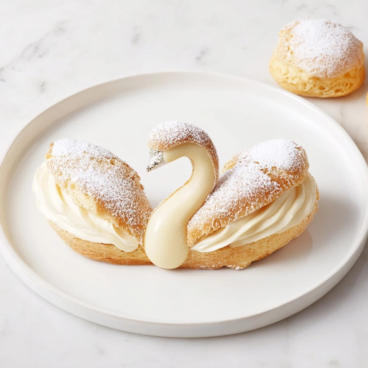Picture creamy vanilla filling bursting from these swan-shaped Petit Fours, perfect for an elegant dessert.