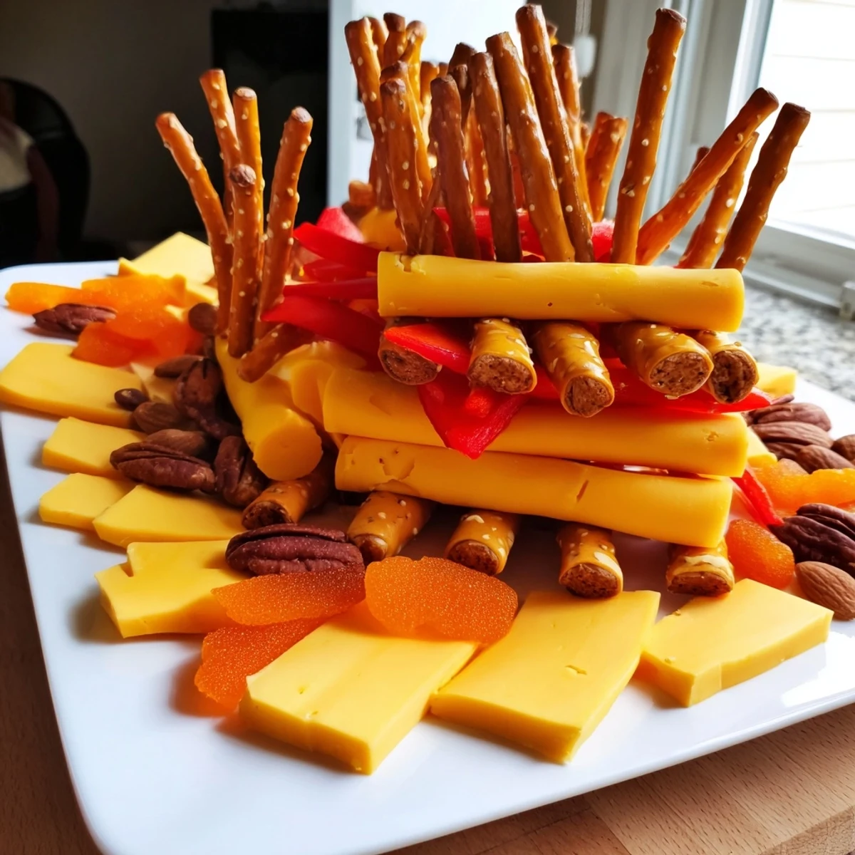 Flickering Fire Log Snack Board, a festive spread with cheese, crackers, and flame-like gummies.