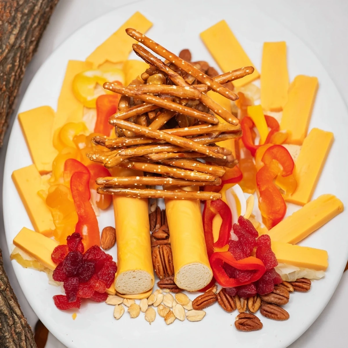 Delicious and beautiful flickering fire log snack board, perfect for sharing with friends and family.