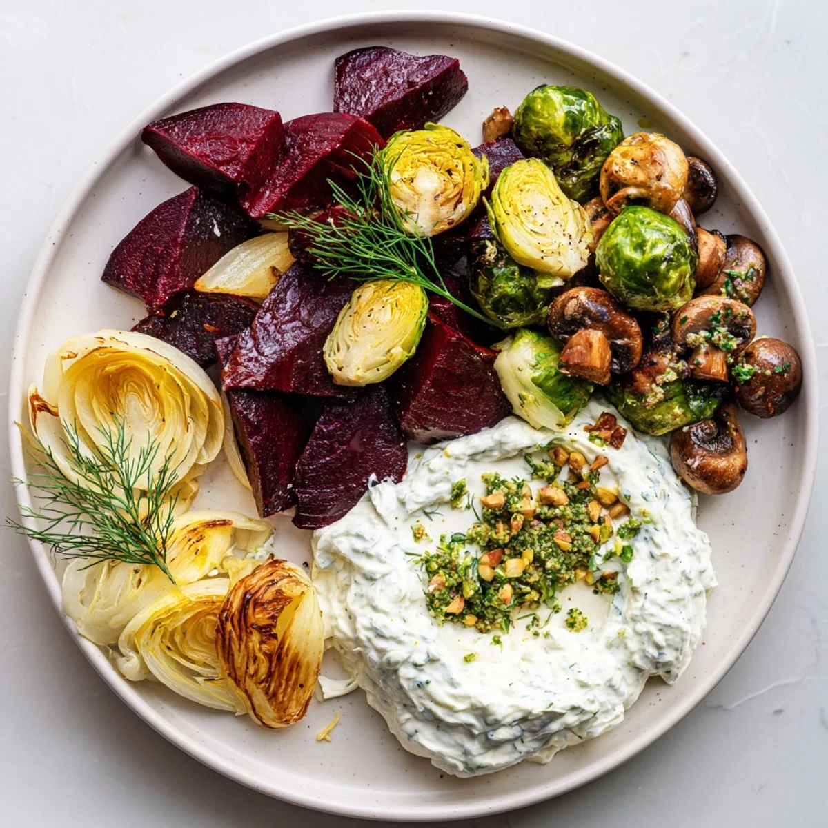 A colorful Pine Forest Winter Mezze Board, showcasing roasted vegetables and creamy labneh for a holiday feast.