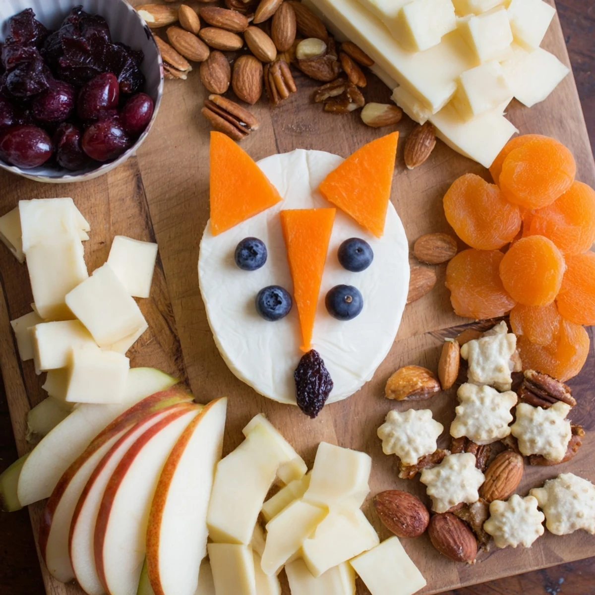 A vibrant Whimsical Fox Fall Treat Board, overflowing with colorful fruits, cheeses, and irresistible snacks.