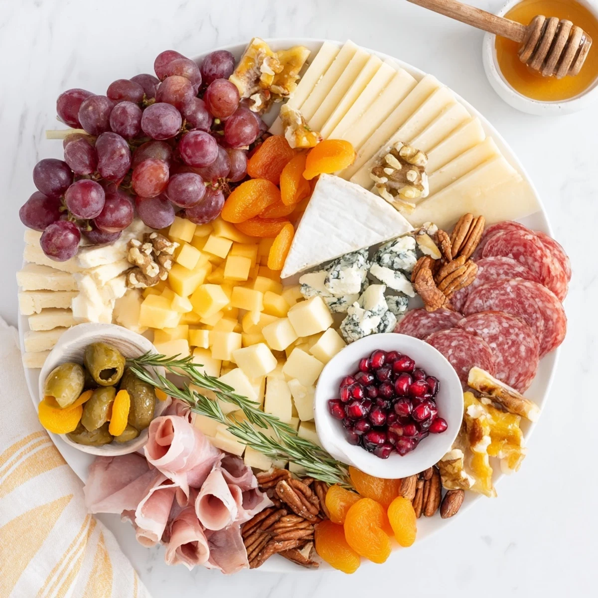 A delicious Christmas 2025 Festive Grazing Board overflowing with colorful, enticing, holiday appetizer ingredients.