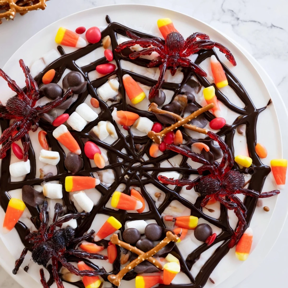 Colorful Spiderweb Candy Platter overflowing with gummy spiders and chocolate arranged for a spooky party.