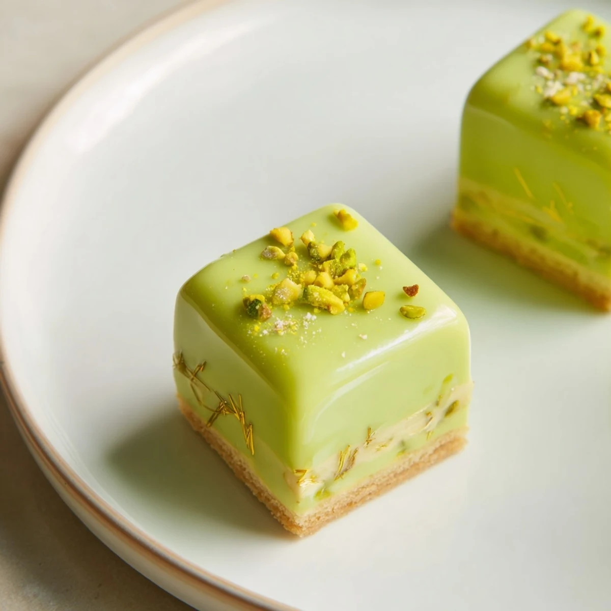 Delicate, bite-sized Grenouille Royale Petits Fours, frosted with pistachio cream and decorated with chopped pistachios.