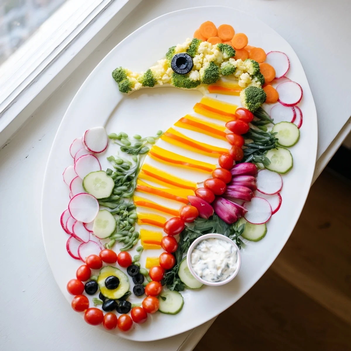 A fun-shaped seahorse veggie dip platter featuring fresh veggies and a tangy yogurt dip, ready to enjoy.