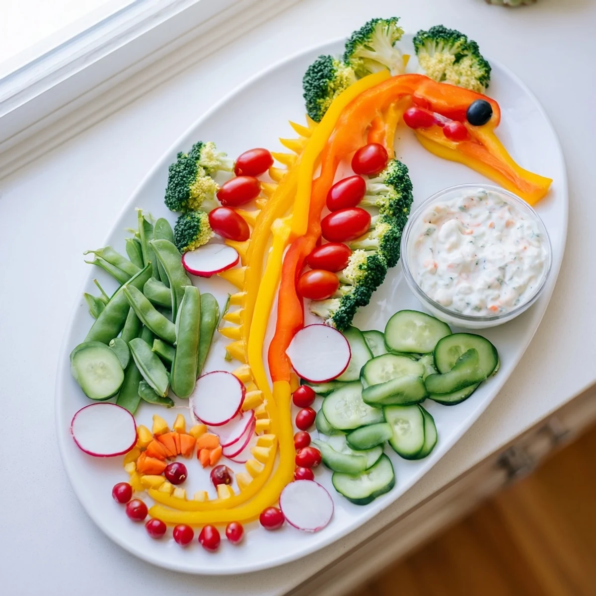 Kids and adults alike will love this whimsical seahorse veggie dip platter brimming with delicious, healthy snacks.