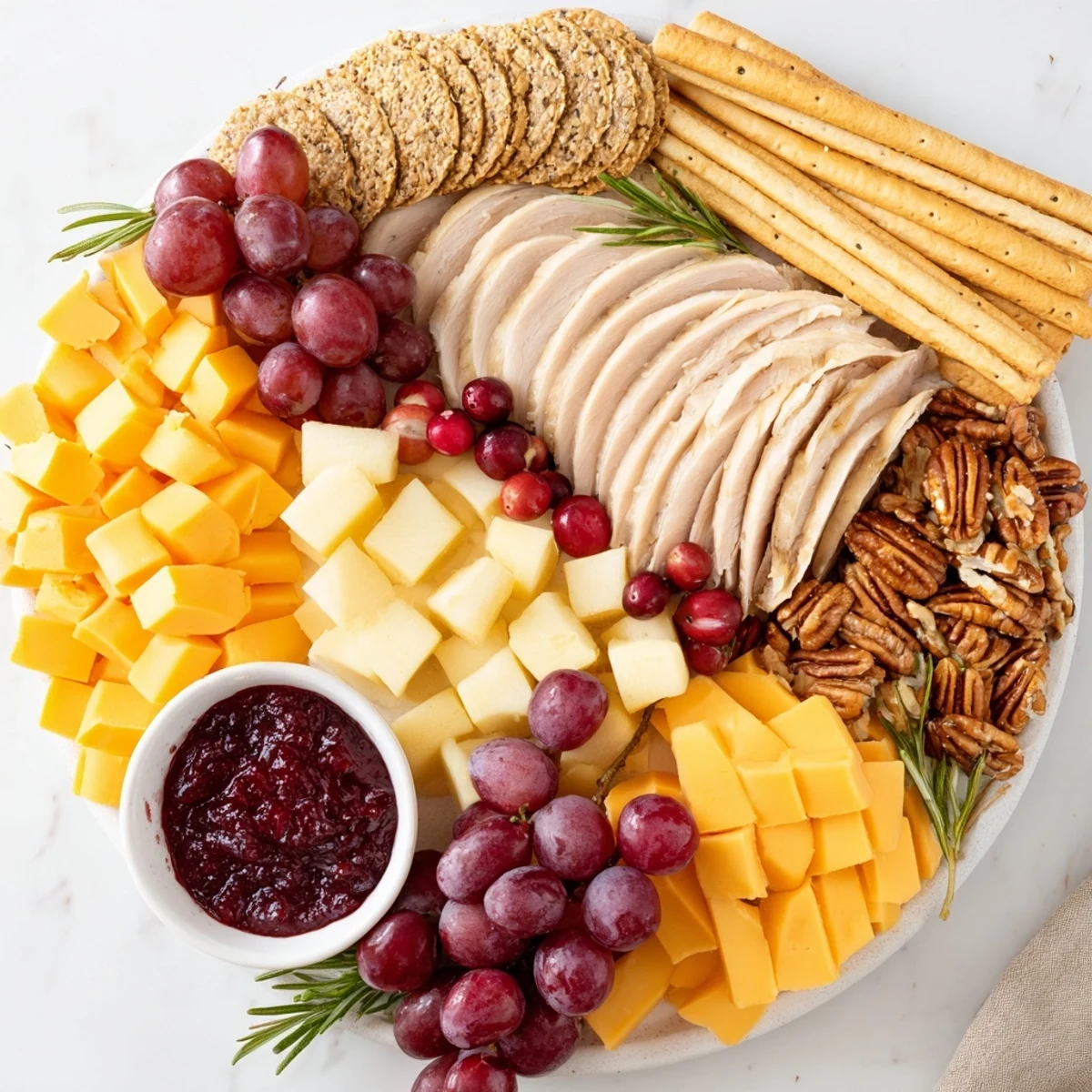 Close-up of a Thanksgiving-ready turkey cheese and cracker board with grapes and cranberries arranged.