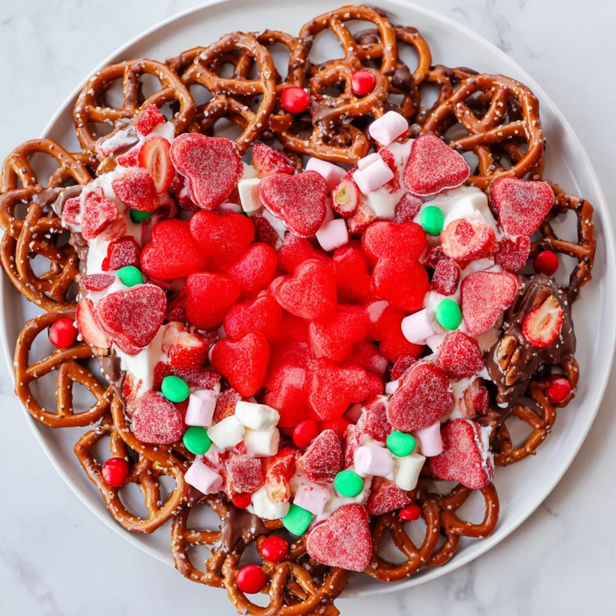 The Grinch's Heart Pretzel Board with colorful fruits, candies, and pretzels for festive snacking.