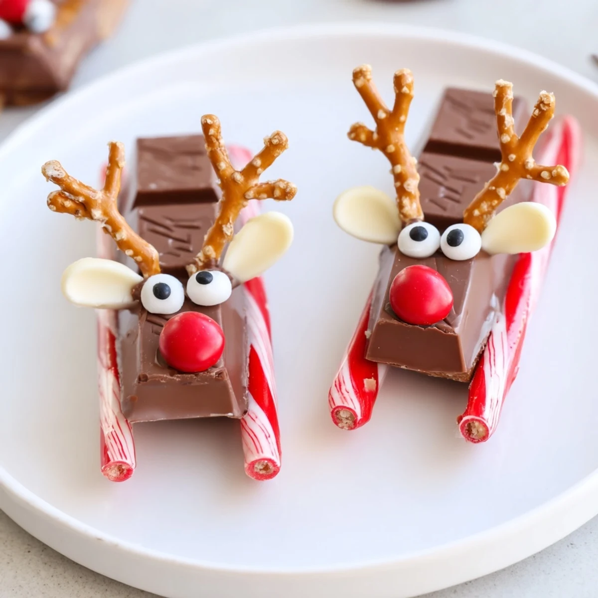 Enjoy these delightful Rudolph Candy Cane Sleds: chocolate bars sit atop candy canes, forming tasty sleds.