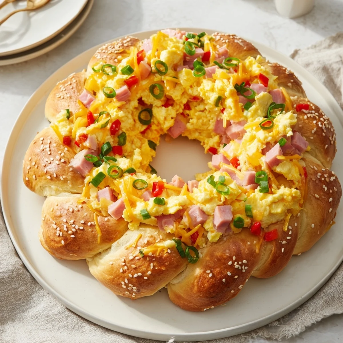 Warm and comforting: a freshly baked Wreath-Shaped Egg and Ham Bake with ham and vegetables.