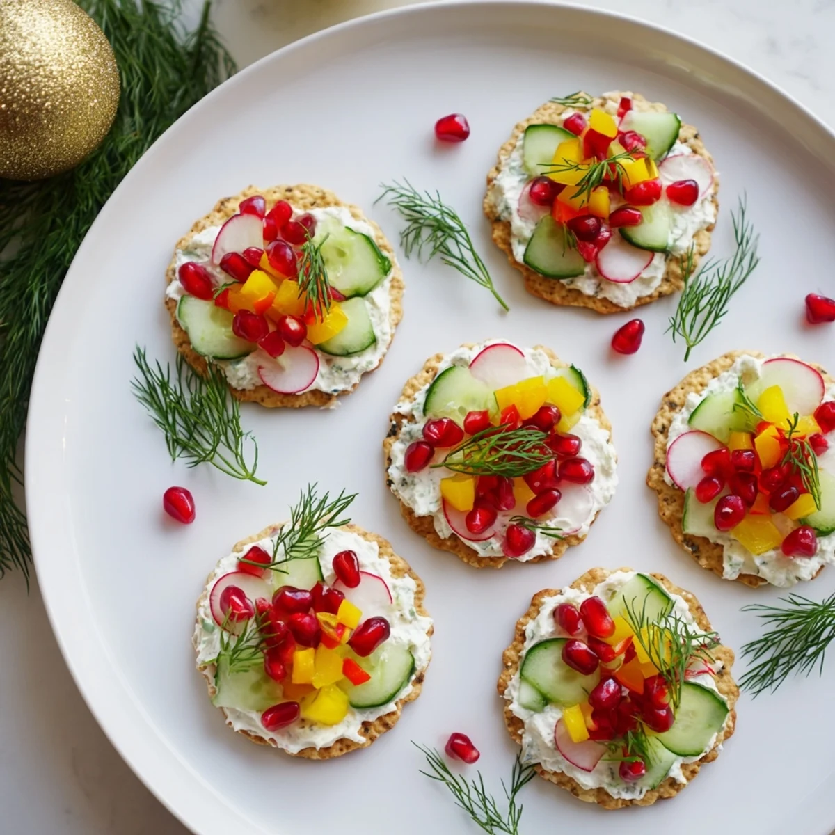 Ornament Shaped Cracker Toppings arranged with vibrant red and yellow pepper stars ready for a holiday appetizer.