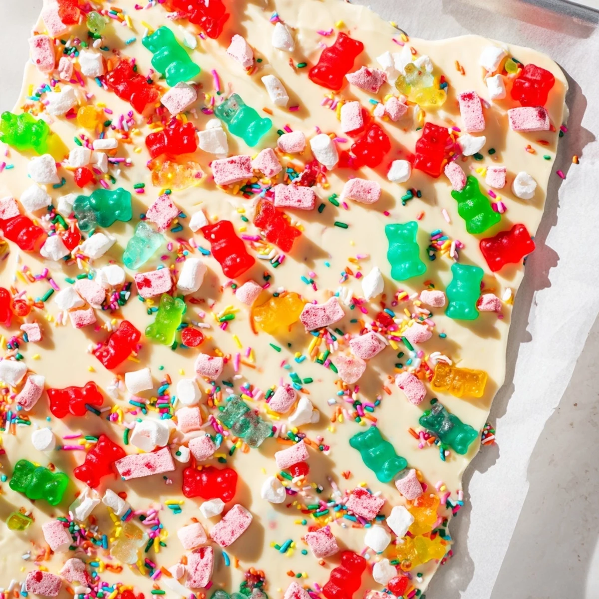 Festive party dessert: sweet, chewy gummy bears and crispy candy canes on a chocolate bark.