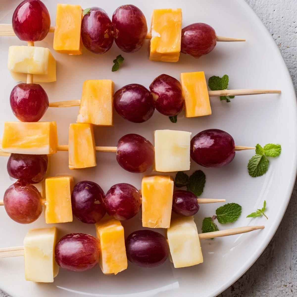 Cheese and Grape Skewers ready to eat, with colorful cheese cubes and fresh juicy grapes.