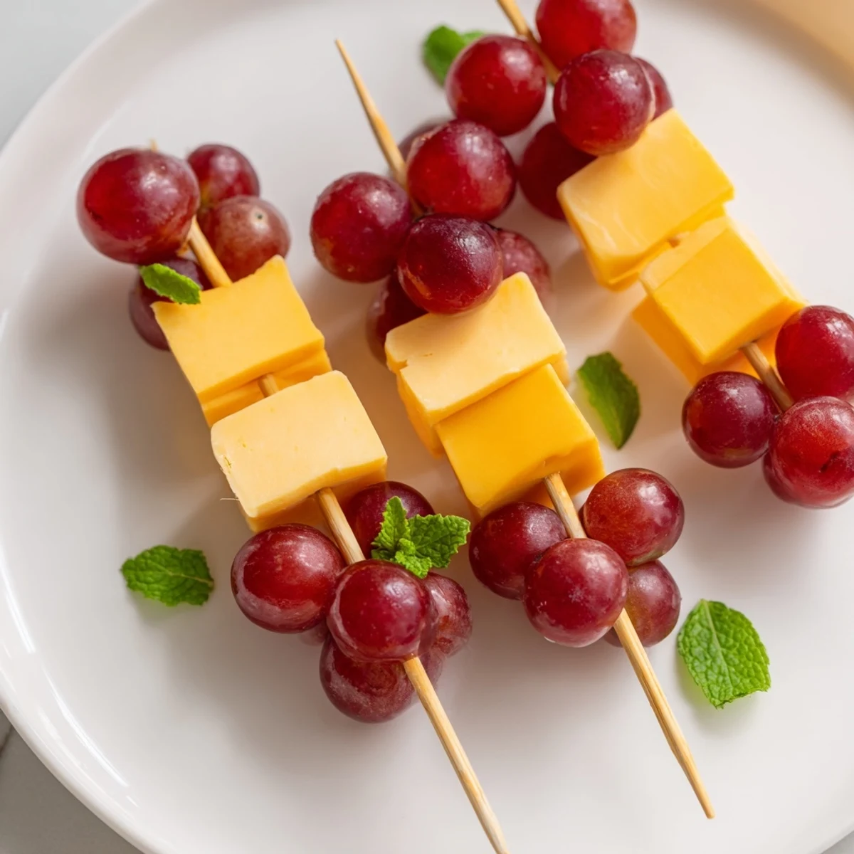 Delicious Cheese & Grape Skewers, a simple appetizer perfect for parties, with vibrant red grapes.