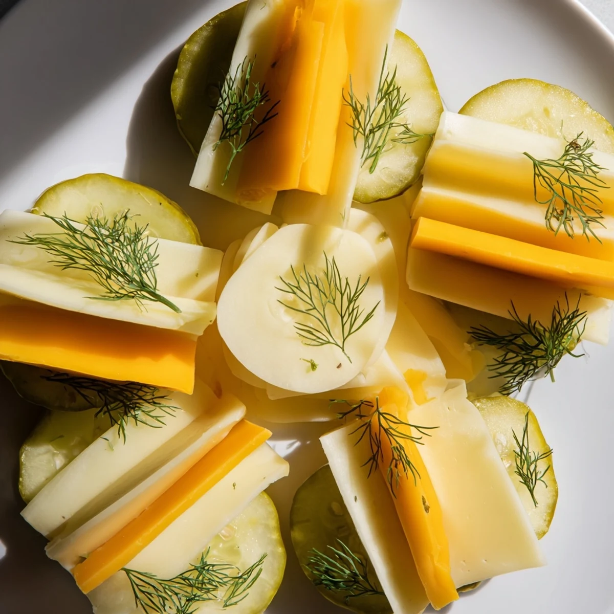 Dill Pickles and Sliced Cheese appetizer, a colorful platter of cheesy bites next to fresh pickles.