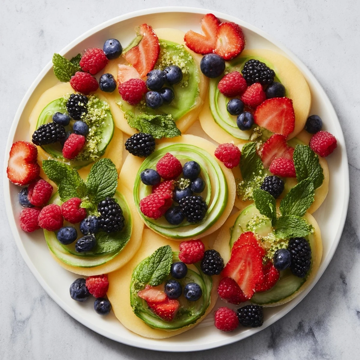 Vibrant fruit platter: concentric circles showcasing sweet melons and fresh, juicy berries layered high.