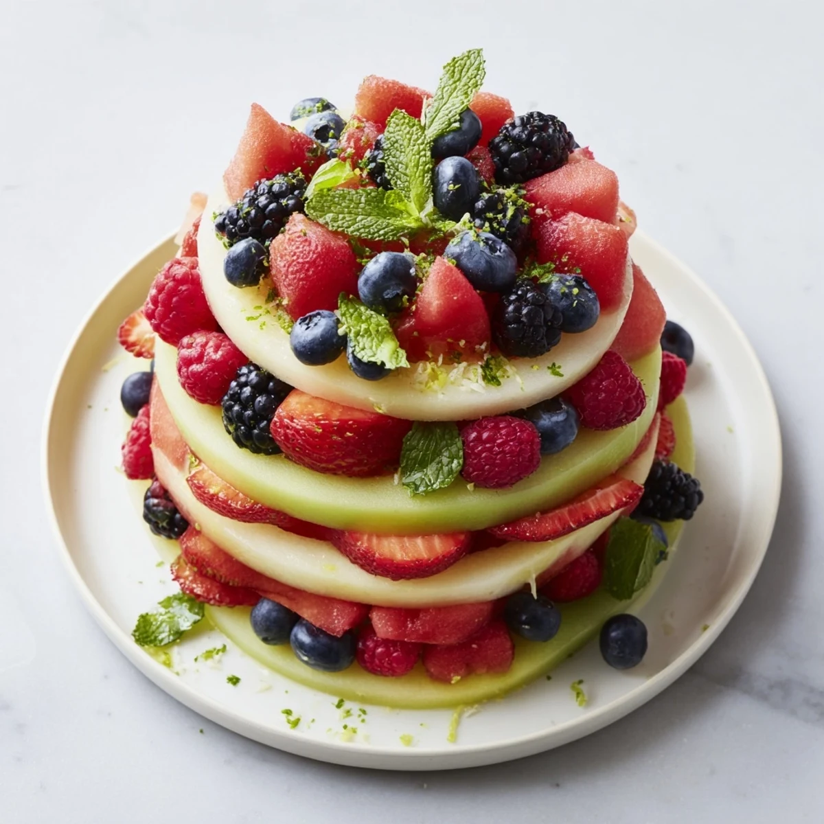 Bright summer fruit platter featuring juicy cantaloupe and berries arranged in an inviting presentation.