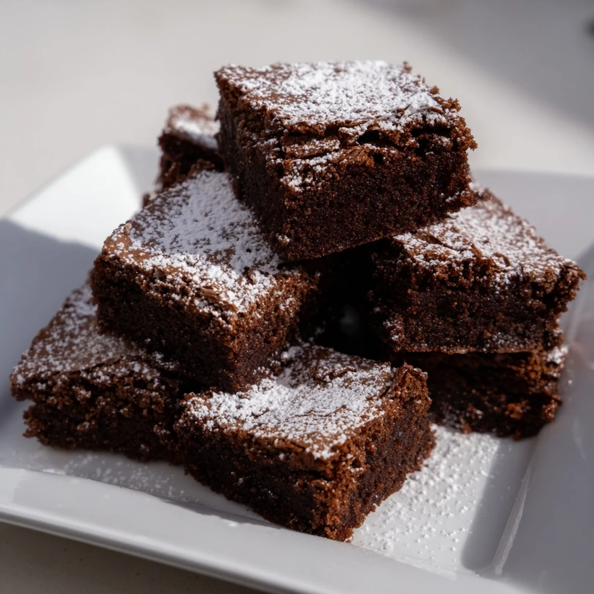 Fudgy brownie squares, dusted with powdered sugar, ready to eat, simple and delicious.