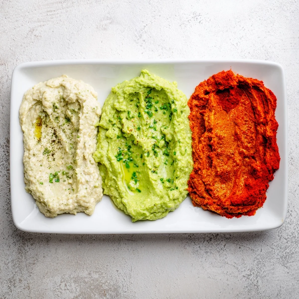 Delicious Dip Trio: Taste three flavorful dips—avocado, red pepper, and turmeric hummus—serving a beautiful trio.