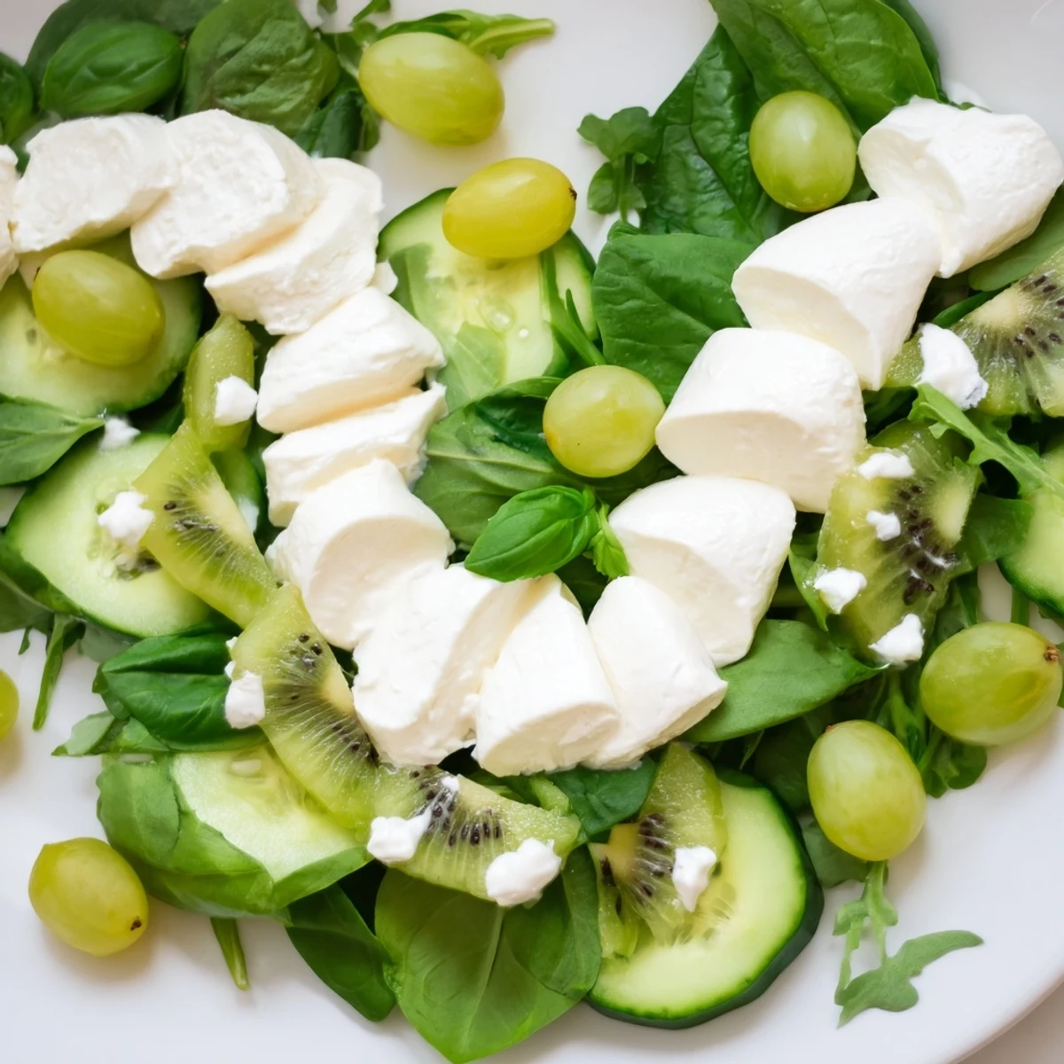 Freshly tossed Emerald Isle Greenscape salad, with a "river" of mozzarella cheese; enjoy this colorful dish!