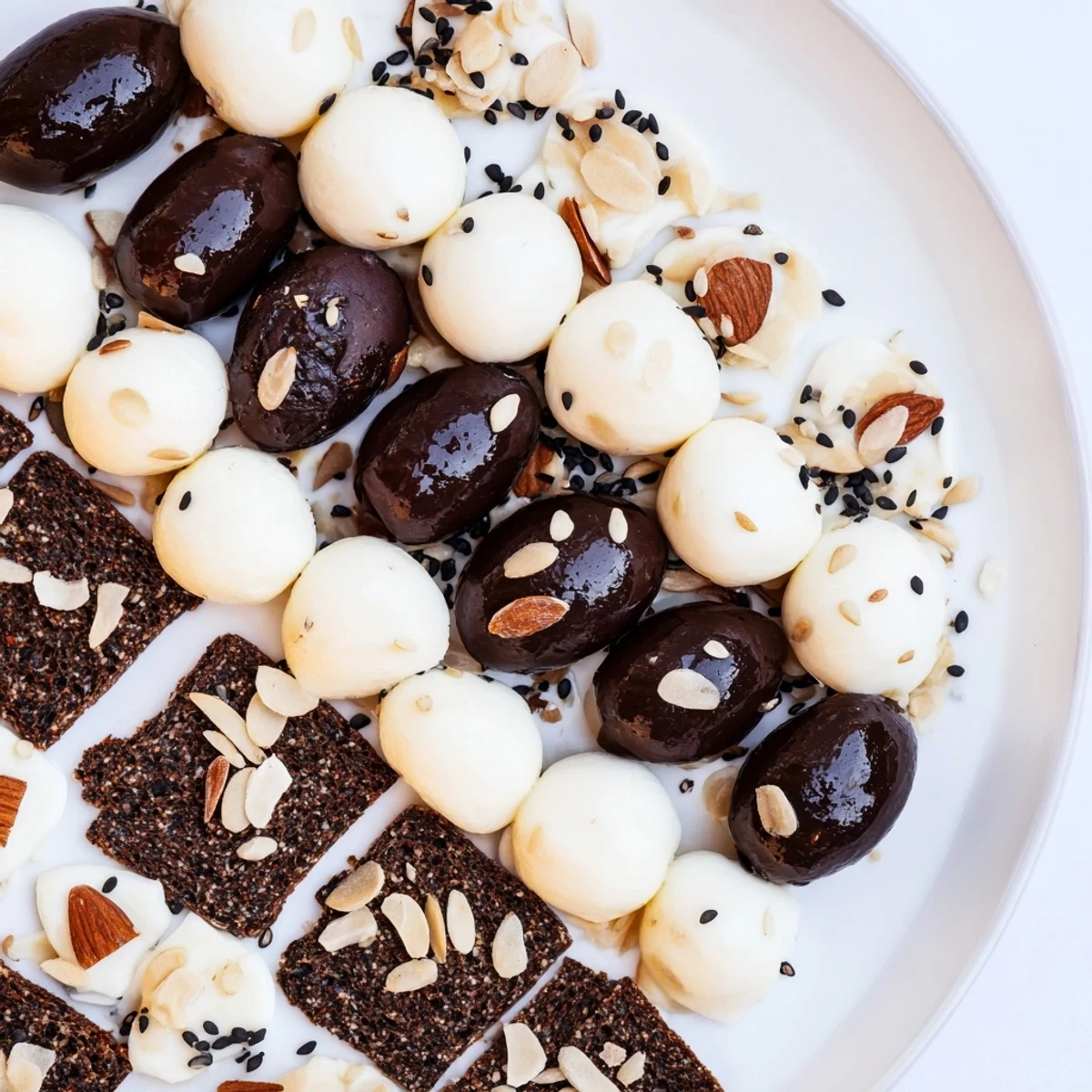 Beautiful Black and White Formal Affair appetizer platter bursting with savory black olives and fresh mozzarella.