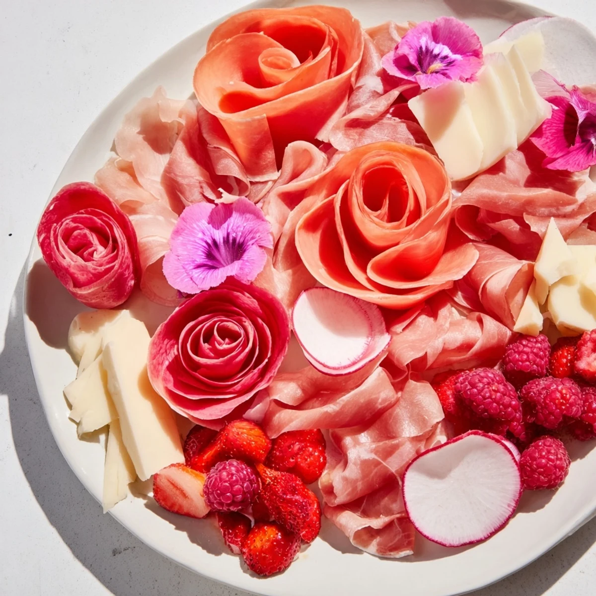 Beautiful, layered Pink Petal Watercolor Wash appetizer platter with vibrant pink charcuterie and colorful vegetables.