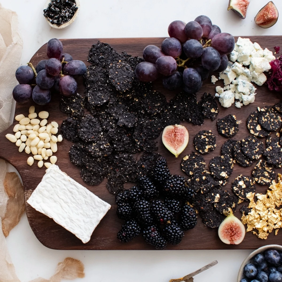 Deep Indigo Midnight Sky cheese board, visually stunning with blackberries and star-like goat cheese.