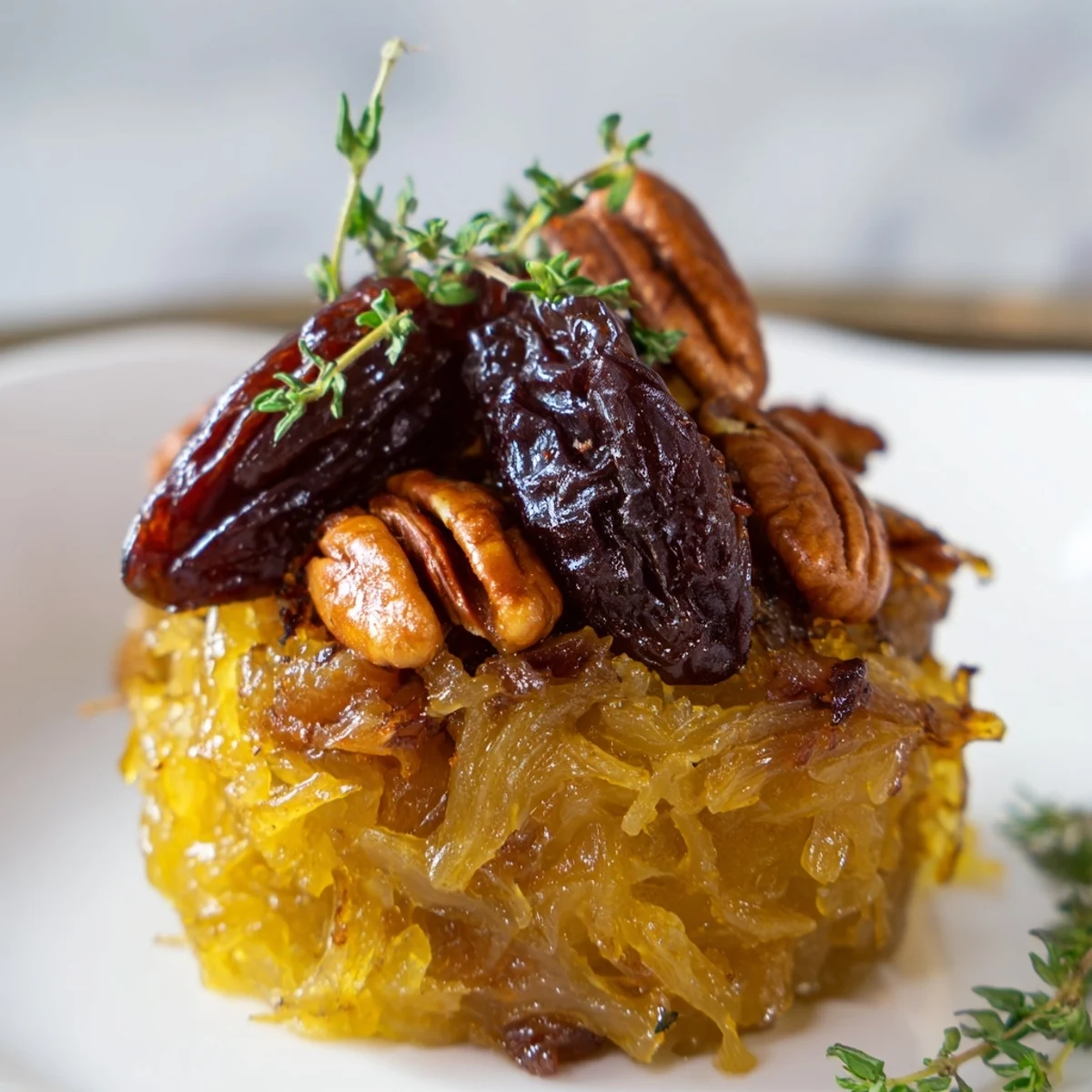 Warm and savory Copper Kettle appetizer, featuring caramelized onions, pecans, dates, served in a ramekin.