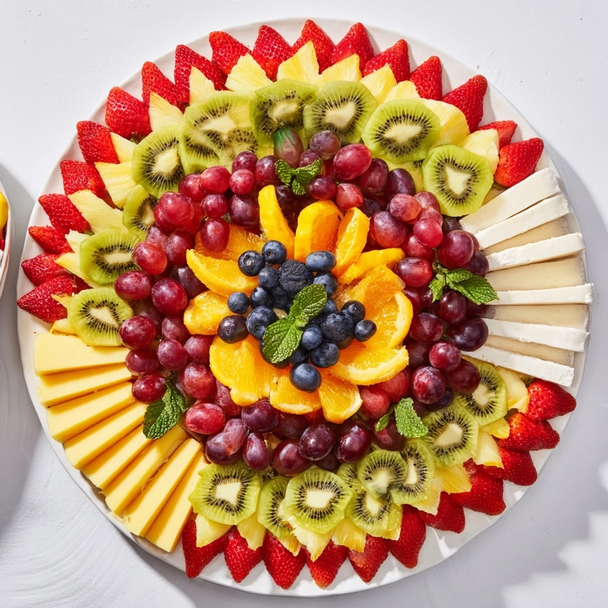 Vibrantly arranged Kaleidoscope Circle appetizer platter with colorful fruit and cheese wedges ready to serve.
