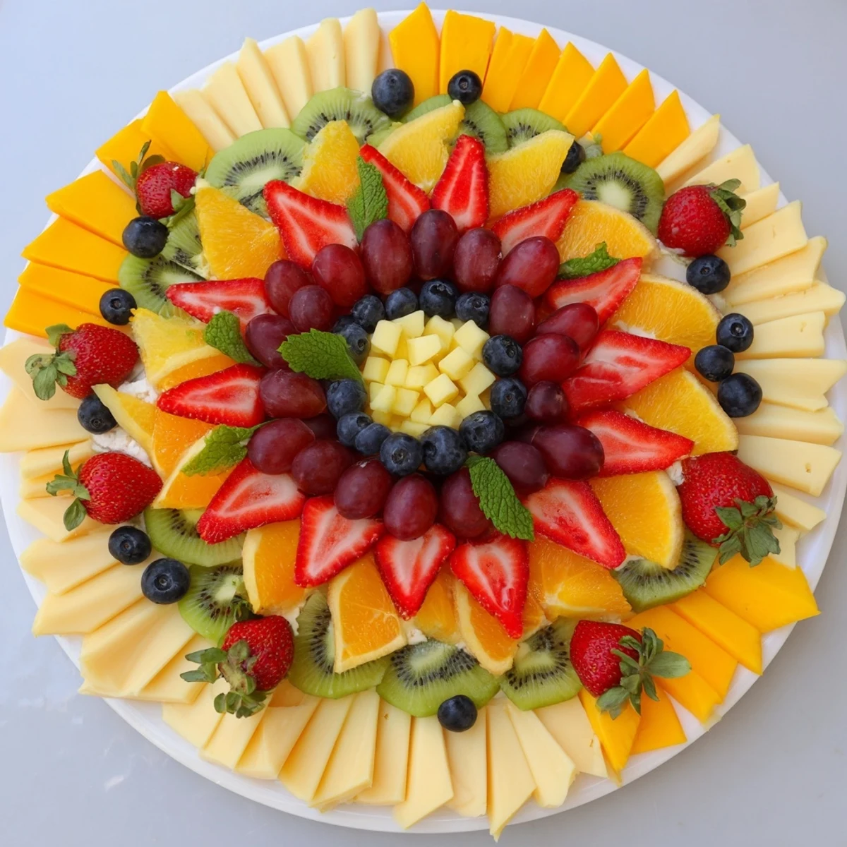 Fresh, summery Kaleidoscope Circle platter with a stunning pattern of fruit and cheese, perfect for a party.